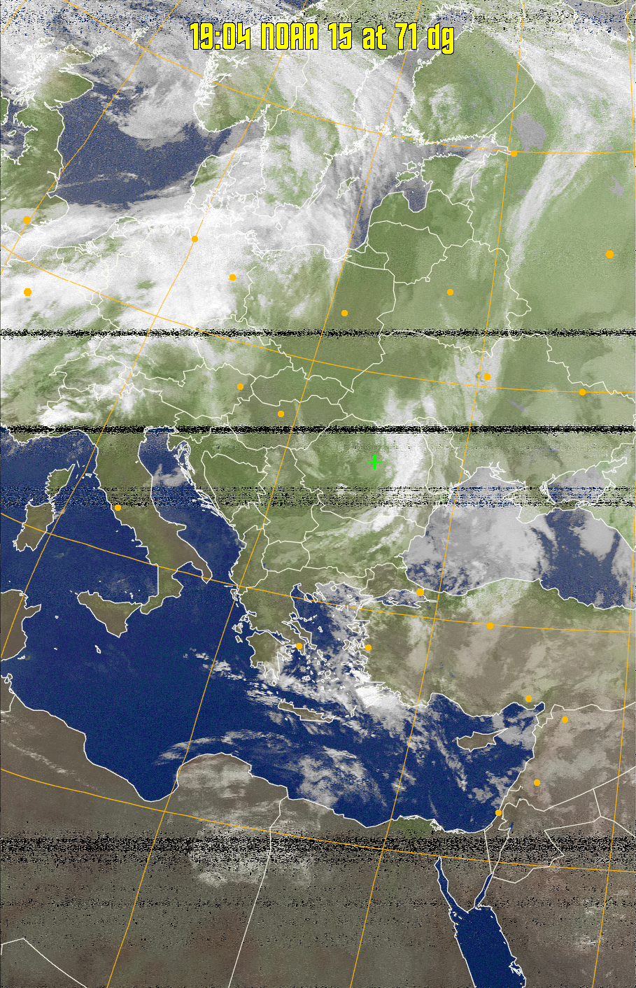 MCIR-precip: 
Colours the NOAA sensor 4 IR image using a map to colour the sea blue and land
green. High clouds appear white, lower clouds gray or land/sea coloured, clouds
generally appear lighter, but distinguishing between land/sea and low cloud may
be difficult. Darker colours indicate warmer regions.