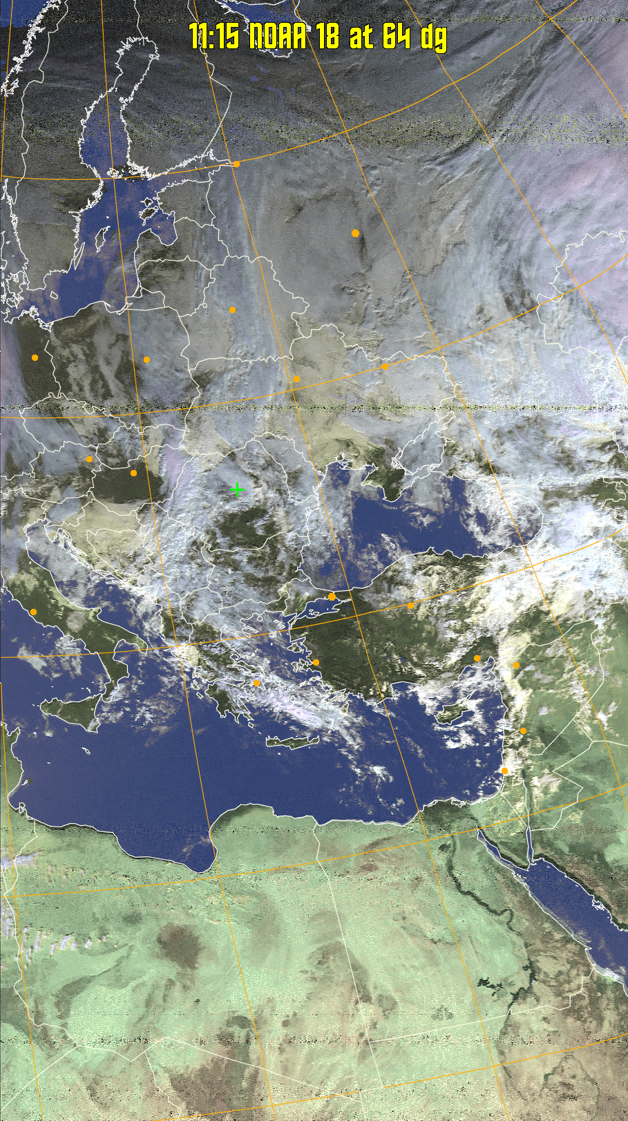 HVCT:
Similar to HVC, but with blue water and with colours more indicative of
land temperatures.
HVC:
Creates a false colour image from NOAA APT images based on temperature using
the HVC colour model. Uses the temperature derived from the sensor 4 image to
select the hue and the brightness from the histogram equalised other image to
select the value and chroma. The HVC colour model attempts to ensure that different colours at the same value will appear to the eye to be the same brightness
and the spacing between colours representing each degree will appear to the eye to
be similar. Bright areas are completely unsaturated in this model.