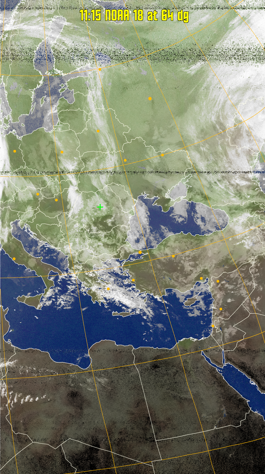 MCIR-precip: 
Colours the NOAA sensor 4 IR image using a map to colour the sea blue and land
green. High clouds appear white, lower clouds gray or land/sea coloured, clouds
generally appear lighter, but distinguishing between land/sea and low cloud may
be difficult. Darker colours indicate warmer regions.