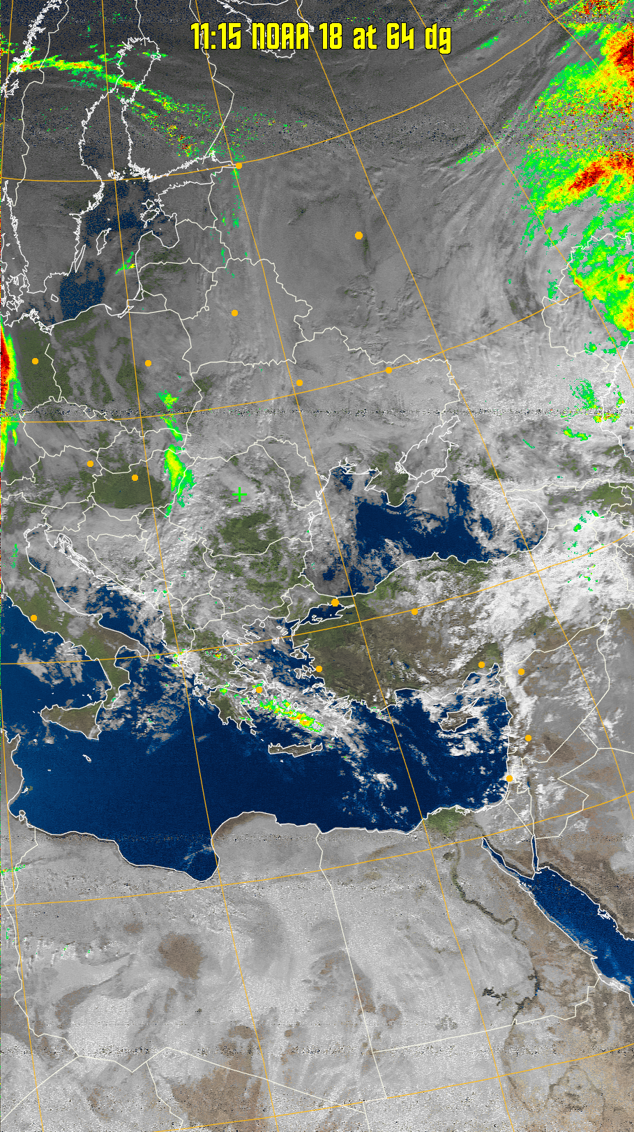 MSA-precip:
Same as MSA multispectral analysis, but high cold cloud tops are coloured the
same as the NO enhancement to give an approximate indication of the probability
and intensity of precipitation.