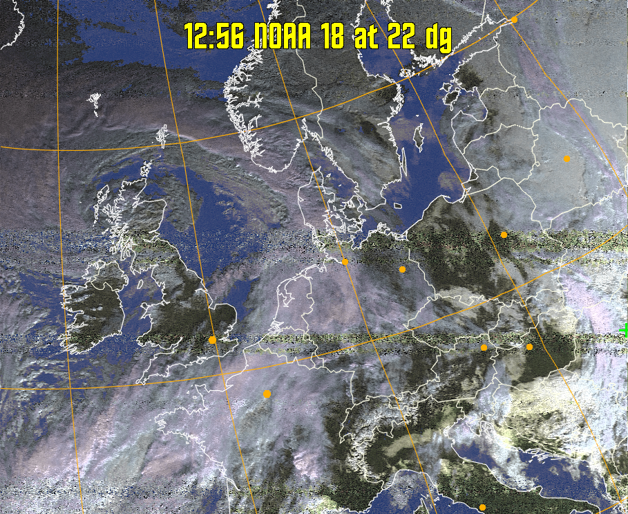 HVCT:
Similar to HVC, but with blue water and with colours more indicative of
land temperatures.
HVC:
Creates a false colour image from NOAA APT images based on temperature using
the HVC colour model. Uses the temperature derived from the sensor 4 image to
select the hue and the brightness from the histogram equalised other image to
select the value and chroma. The HVC colour model attempts to ensure that different colours at the same value will appear to the eye to be the same brightness
and the spacing between colours representing each degree will appear to the eye to
be similar. Bright areas are completely unsaturated in this model.