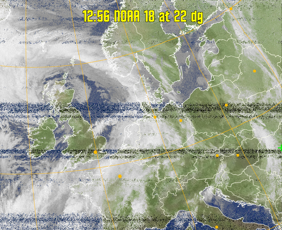 MCIR-precip: 
Colours the NOAA sensor 4 IR image using a map to colour the sea blue and land
green. High clouds appear white, lower clouds gray or land/sea coloured, clouds
generally appear lighter, but distinguishing between land/sea and low cloud may
be difficult. Darker colours indicate warmer regions.