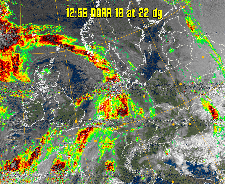 MSA-precip:
Same as MSA multispectral analysis, but high cold cloud tops are coloured the
same as the NO enhancement to give an approximate indication of the probability
and intensity of precipitation.