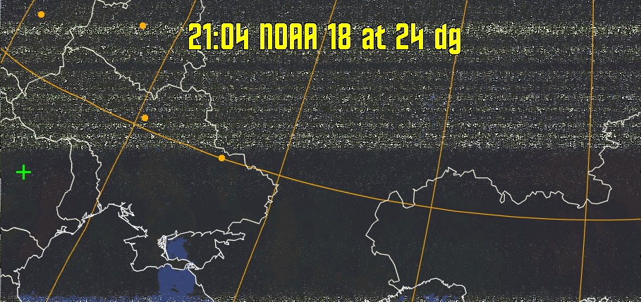 HVCT:
Similar to HVC, but with blue water and with colours more indicative of
land temperatures.
HVC:
Creates a false colour image from NOAA APT images based on temperature using
the HVC colour model. Uses the temperature derived from the sensor 4 image to
select the hue and the brightness from the histogram equalised other image to
select the value and chroma. The HVC colour model attempts to ensure that different colours at the same value will appear to the eye to be the same brightness
and the spacing between colours representing each degree will appear to the eye to
be similar. Bright areas are completely unsaturated in this model.