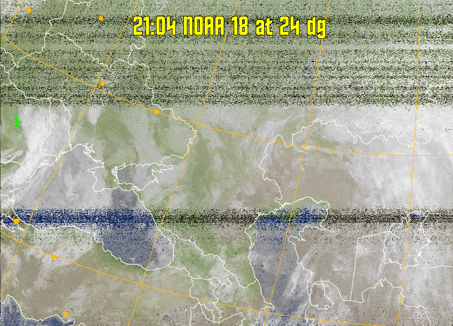 MCIR-precip: 
Colours the NOAA sensor 4 IR image using a map to colour the sea blue and land
green. High clouds appear white, lower clouds gray or land/sea coloured, clouds
generally appear lighter, but distinguishing between land/sea and low cloud may
be difficult. Darker colours indicate warmer regions.