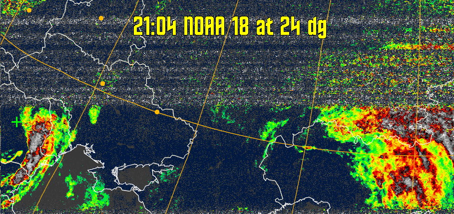 MSA-precip:
Same as MSA multispectral analysis, but high cold cloud tops are coloured the
same as the NO enhancement to give an approximate indication of the probability
and intensity of precipitation.