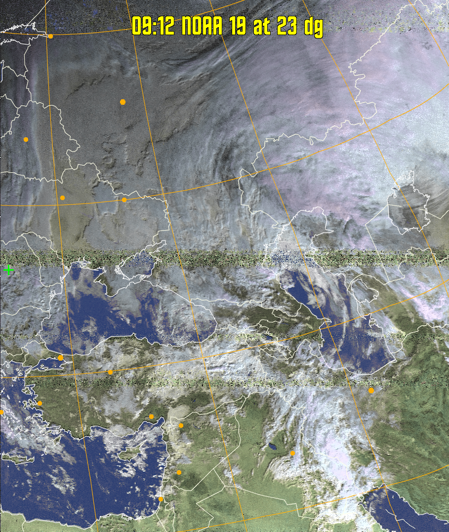 HVCT:
Similar to HVC, but with blue water and with colours more indicative of
land temperatures.
HVC:
Creates a false colour image from NOAA APT images based on temperature using
the HVC colour model. Uses the temperature derived from the sensor 4 image to
select the hue and the brightness from the histogram equalised other image to
select the value and chroma. The HVC colour model attempts to ensure that different colours at the same value will appear to the eye to be the same brightness
and the spacing between colours representing each degree will appear to the eye to
be similar. Bright areas are completely unsaturated in this model.