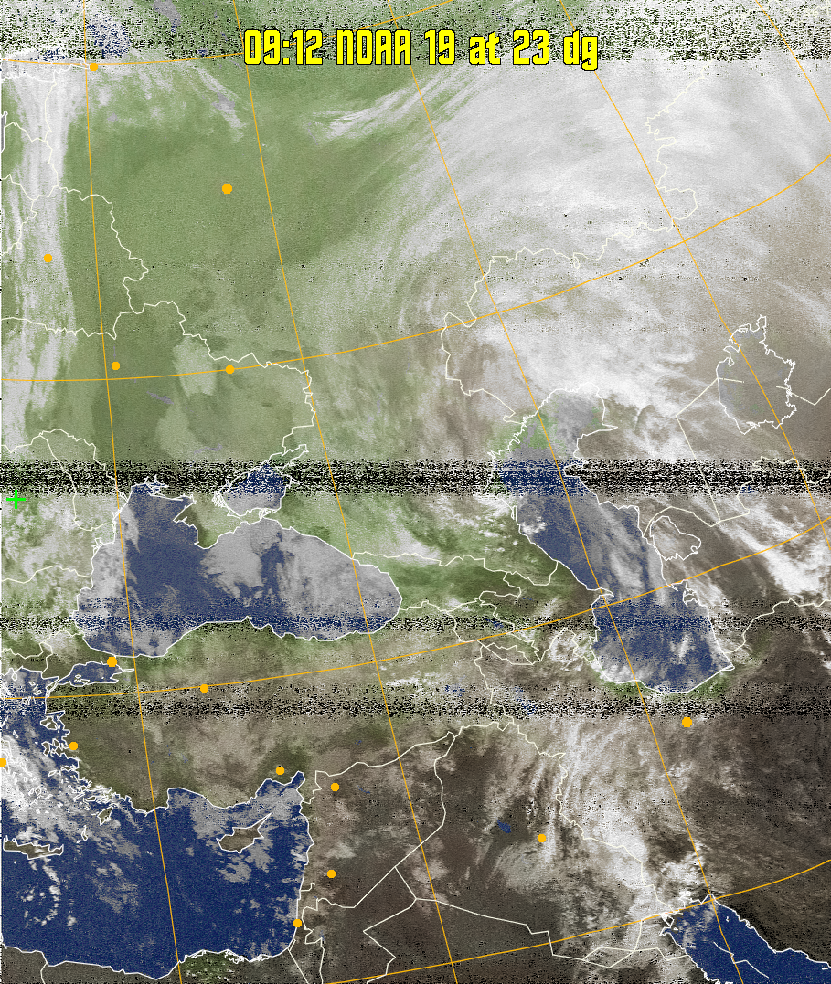 MCIR-precip: 
Colours the NOAA sensor 4 IR image using a map to colour the sea blue and land
green. High clouds appear white, lower clouds gray or land/sea coloured, clouds
generally appear lighter, but distinguishing between land/sea and low cloud may
be difficult. Darker colours indicate warmer regions.