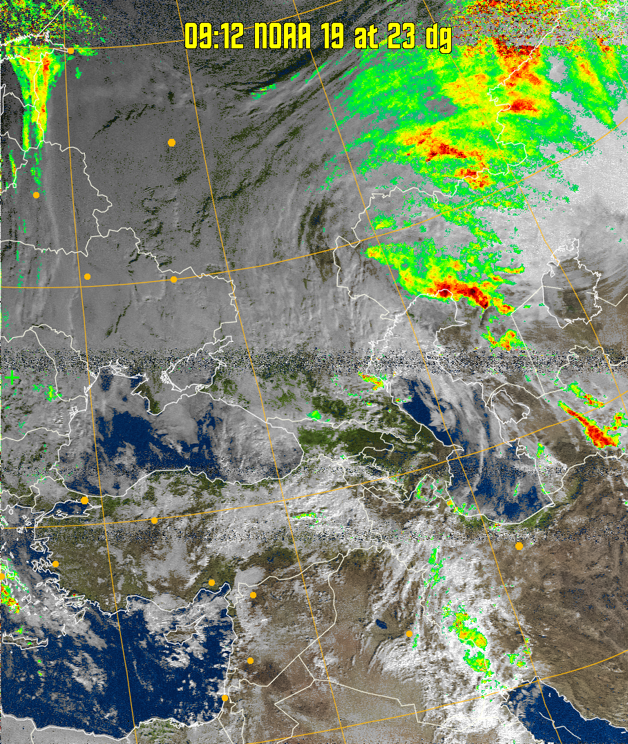 MSA-precip:
Same as MSA multispectral analysis, but high cold cloud tops are coloured the
same as the NO enhancement to give an approximate indication of the probability
and intensity of precipitation.