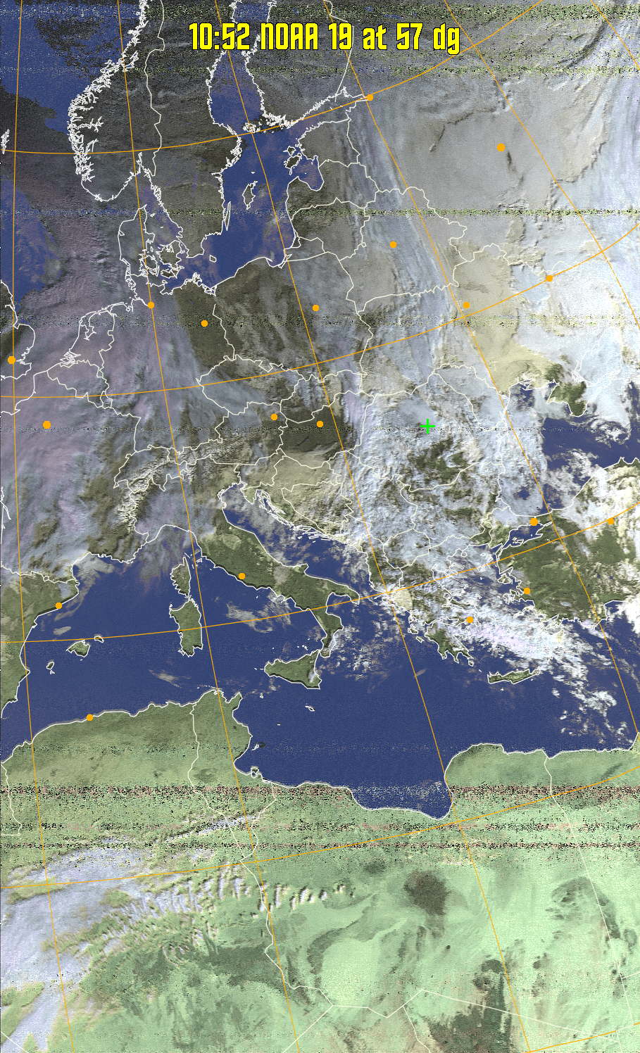 HVCT:
Similar to HVC, but with blue water and with colours more indicative of
land temperatures.
HVC:
Creates a false colour image from NOAA APT images based on temperature using
the HVC colour model. Uses the temperature derived from the sensor 4 image to
select the hue and the brightness from the histogram equalised other image to
select the value and chroma. The HVC colour model attempts to ensure that different colours at the same value will appear to the eye to be the same brightness
and the spacing between colours representing each degree will appear to the eye to
be similar. Bright areas are completely unsaturated in this model.