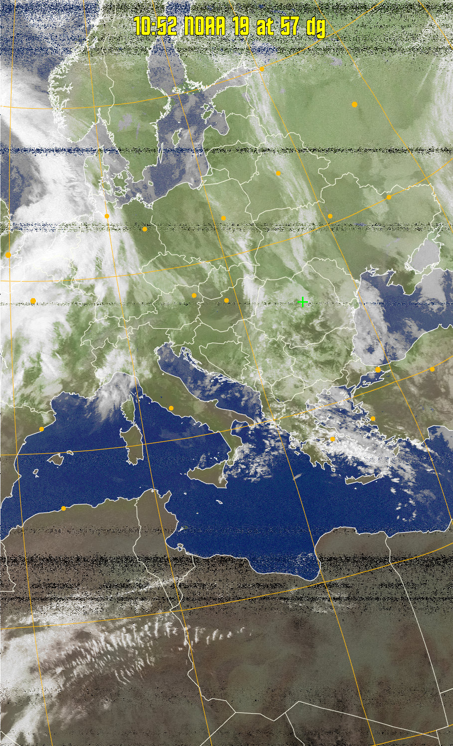 MCIR-precip: 
Colours the NOAA sensor 4 IR image using a map to colour the sea blue and land
green. High clouds appear white, lower clouds gray or land/sea coloured, clouds
generally appear lighter, but distinguishing between land/sea and low cloud may
be difficult. Darker colours indicate warmer regions.