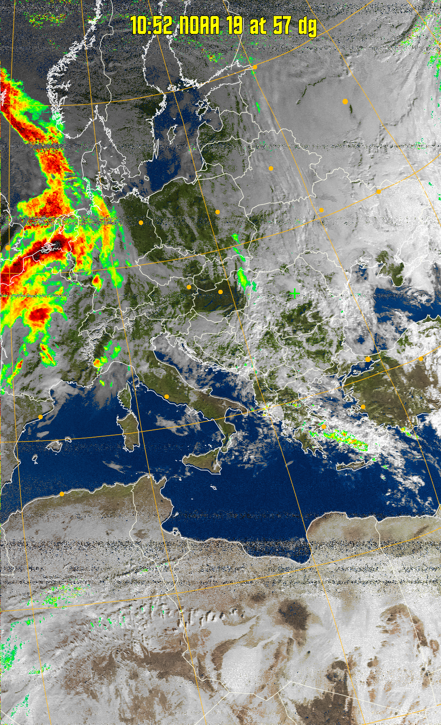 MSA-precip:
Same as MSA multispectral analysis, but high cold cloud tops are coloured the
same as the NO enhancement to give an approximate indication of the probability
and intensity of precipitation.