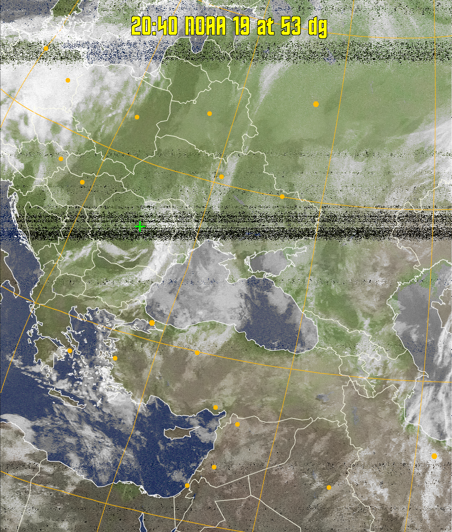 MCIR-precip: 
Colours the NOAA sensor 4 IR image using a map to colour the sea blue and land
green. High clouds appear white, lower clouds gray or land/sea coloured, clouds
generally appear lighter, but distinguishing between land/sea and low cloud may
be difficult. Darker colours indicate warmer regions.