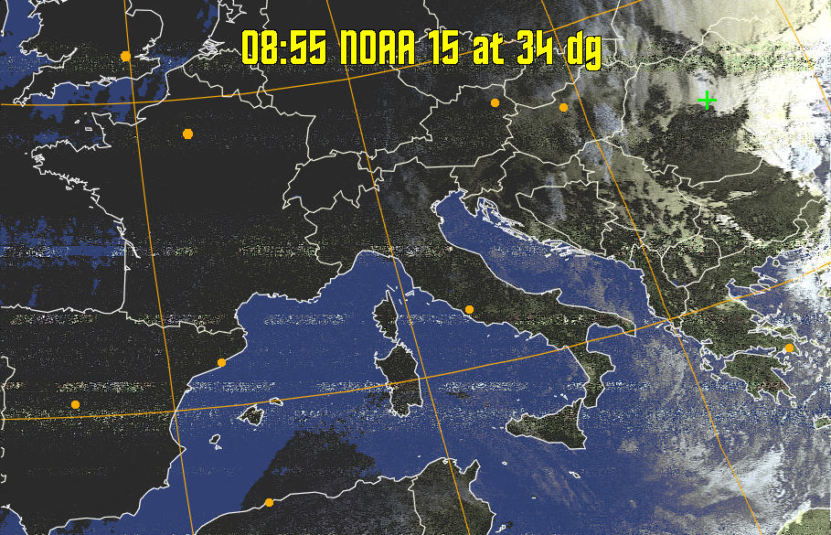 HVCT:
Similar to HVC, but with blue water and with colours more indicative of
land temperatures.
HVC:
Creates a false colour image from NOAA APT images based on temperature using
the HVC colour model. Uses the temperature derived from the sensor 4 image to
select the hue and the brightness from the histogram equalised other image to
select the value and chroma. The HVC colour model attempts to ensure that different colours at the same value will appear to the eye to be the same brightness
and the spacing between colours representing each degree will appear to the eye to
be similar. Bright areas are completely unsaturated in this model.