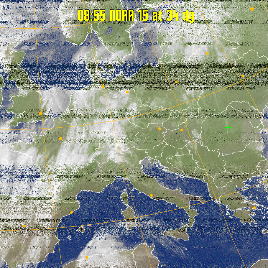 MCIR-precip: 
Colours the NOAA sensor 4 IR image using a map to colour the sea blue and land
green. High clouds appear white, lower clouds gray or land/sea coloured, clouds
generally appear lighter, but distinguishing between land/sea and low cloud may
be difficult. Darker colours indicate warmer regions.