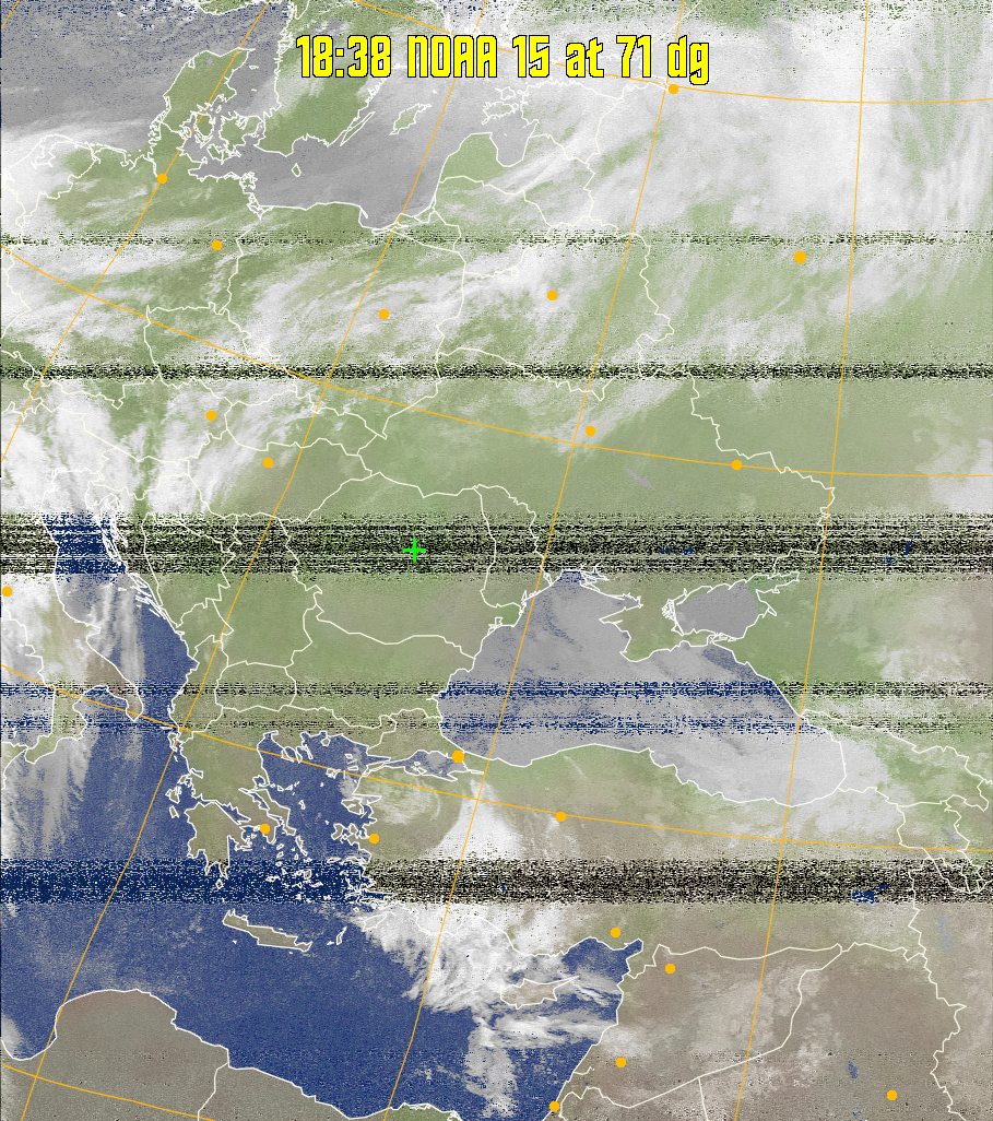 MCIR-precip: 
Colours the NOAA sensor 4 IR image using a map to colour the sea blue and land
green. High clouds appear white, lower clouds gray or land/sea coloured, clouds
generally appear lighter, but distinguishing between land/sea and low cloud may
be difficult. Darker colours indicate warmer regions.