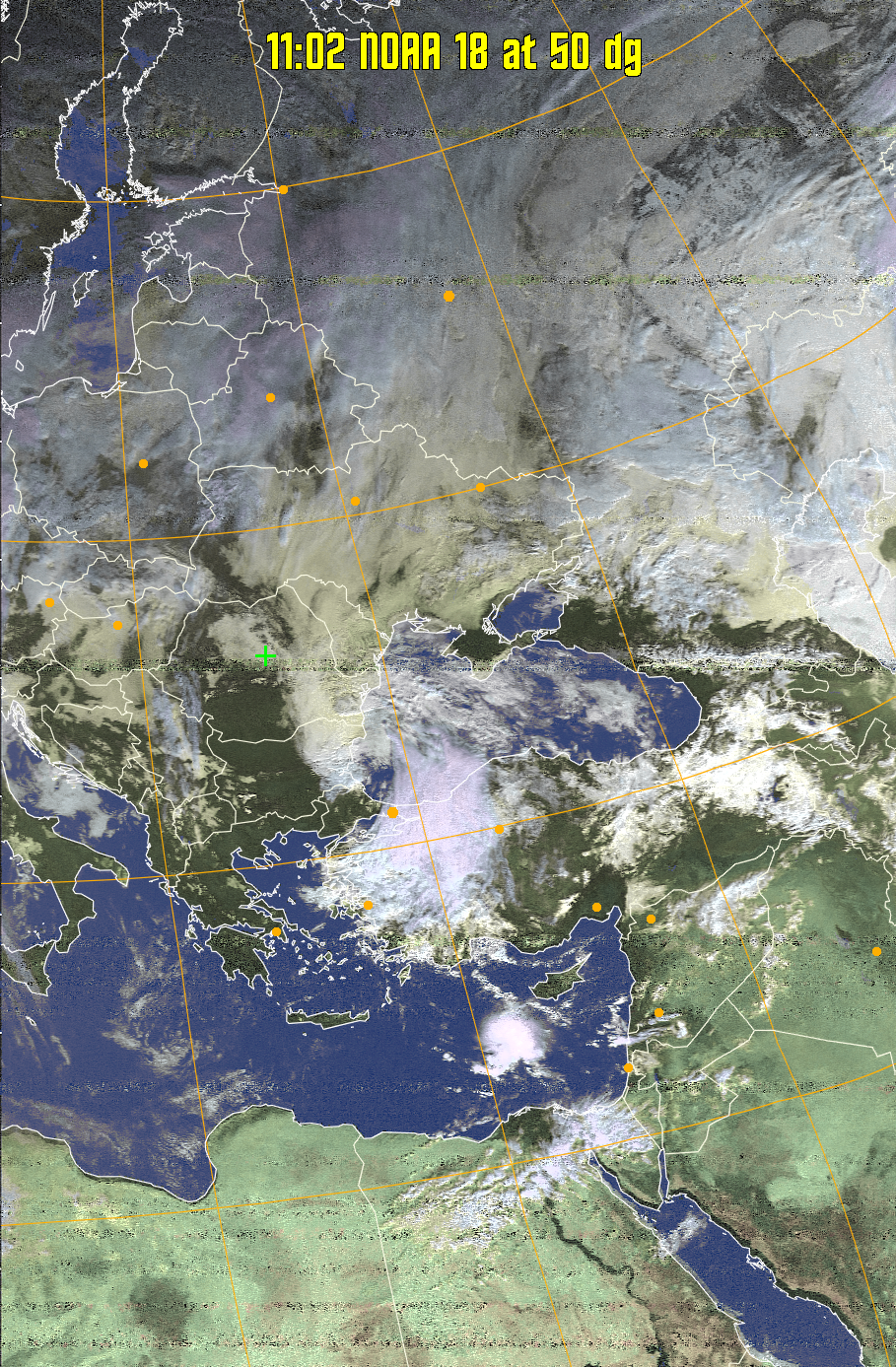 HVCT:
Similar to HVC, but with blue water and with colours more indicative of
land temperatures.
HVC:
Creates a false colour image from NOAA APT images based on temperature using
the HVC colour model. Uses the temperature derived from the sensor 4 image to
select the hue and the brightness from the histogram equalised other image to
select the value and chroma. The HVC colour model attempts to ensure that different colours at the same value will appear to the eye to be the same brightness
and the spacing between colours representing each degree will appear to the eye to
be similar. Bright areas are completely unsaturated in this model.