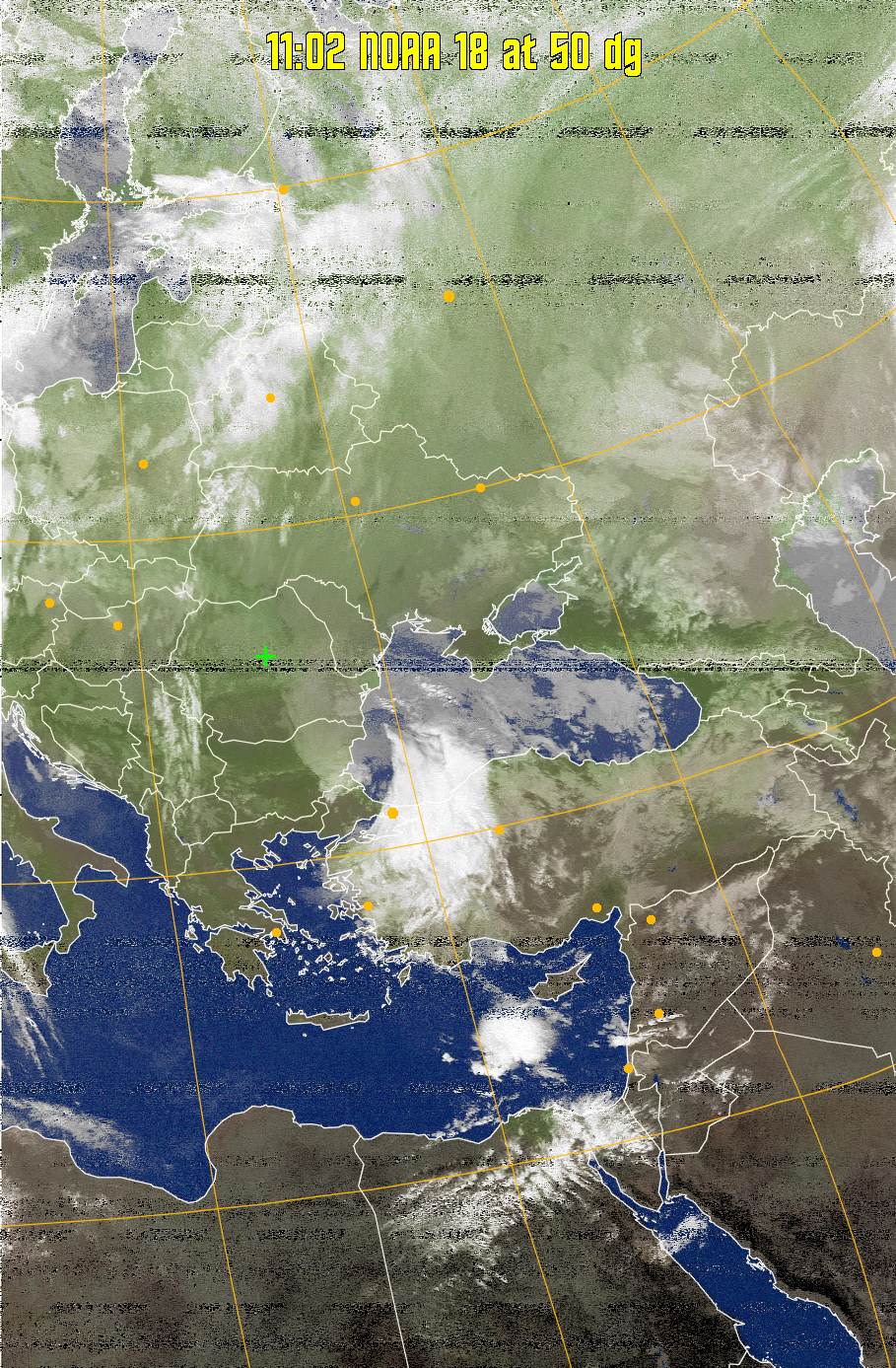 MCIR-precip: 
Colours the NOAA sensor 4 IR image using a map to colour the sea blue and land
green. High clouds appear white, lower clouds gray or land/sea coloured, clouds
generally appear lighter, but distinguishing between land/sea and low cloud may
be difficult. Darker colours indicate warmer regions.