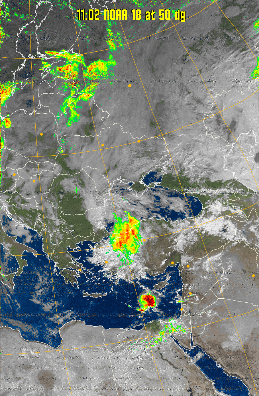 MSA-precip:
Same as MSA multispectral analysis, but high cold cloud tops are coloured the
same as the NO enhancement to give an approximate indication of the probability
and intensity of precipitation.