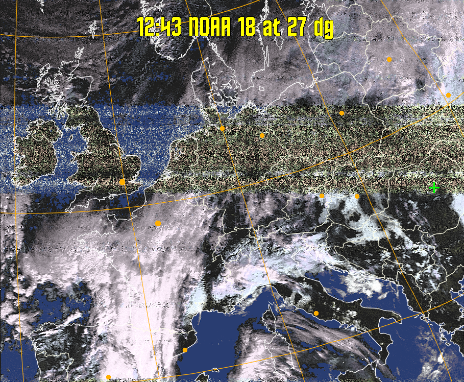 HVCT:
Similar to HVC, but with blue water and with colours more indicative of
land temperatures.
HVC:
Creates a false colour image from NOAA APT images based on temperature using
the HVC colour model. Uses the temperature derived from the sensor 4 image to
select the hue and the brightness from the histogram equalised other image to
select the value and chroma. The HVC colour model attempts to ensure that different colours at the same value will appear to the eye to be the same brightness
and the spacing between colours representing each degree will appear to the eye to
be similar. Bright areas are completely unsaturated in this model.