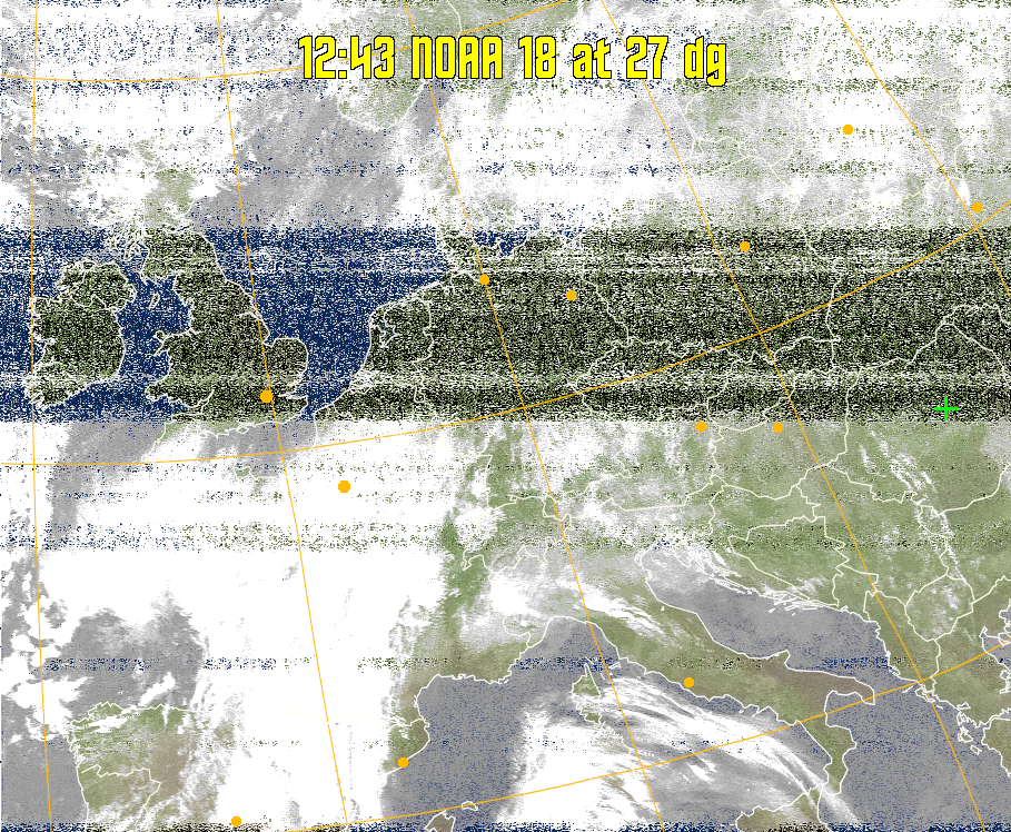 MCIR-precip: 
Colours the NOAA sensor 4 IR image using a map to colour the sea blue and land
green. High clouds appear white, lower clouds gray or land/sea coloured, clouds
generally appear lighter, but distinguishing between land/sea and low cloud may
be difficult. Darker colours indicate warmer regions.