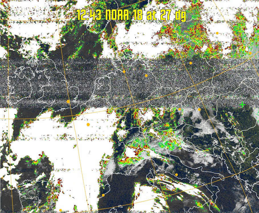 MSA-precip:
Same as MSA multispectral analysis, but high cold cloud tops are coloured the
same as the NO enhancement to give an approximate indication of the probability
and intensity of precipitation.