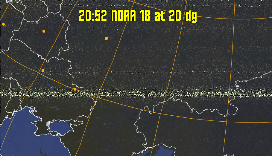 HVCT:
Similar to HVC, but with blue water and with colours more indicative of
land temperatures.
HVC:
Creates a false colour image from NOAA APT images based on temperature using
the HVC colour model. Uses the temperature derived from the sensor 4 image to
select the hue and the brightness from the histogram equalised other image to
select the value and chroma. The HVC colour model attempts to ensure that different colours at the same value will appear to the eye to be the same brightness
and the spacing between colours representing each degree will appear to the eye to
be similar. Bright areas are completely unsaturated in this model.