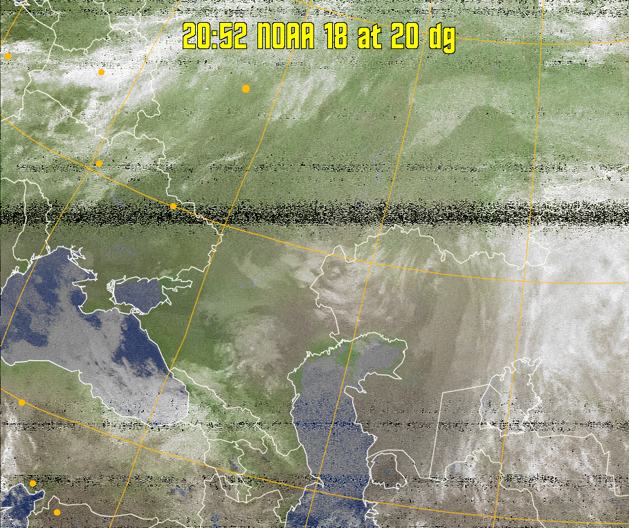 MCIR-precip: 
Colours the NOAA sensor 4 IR image using a map to colour the sea blue and land
green. High clouds appear white, lower clouds gray or land/sea coloured, clouds
generally appear lighter, but distinguishing between land/sea and low cloud may
be difficult. Darker colours indicate warmer regions.