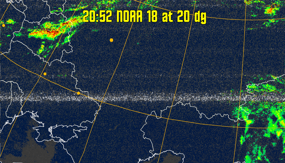 MSA-precip:
Same as MSA multispectral analysis, but high cold cloud tops are coloured the
same as the NO enhancement to give an approximate indication of the probability
and intensity of precipitation.