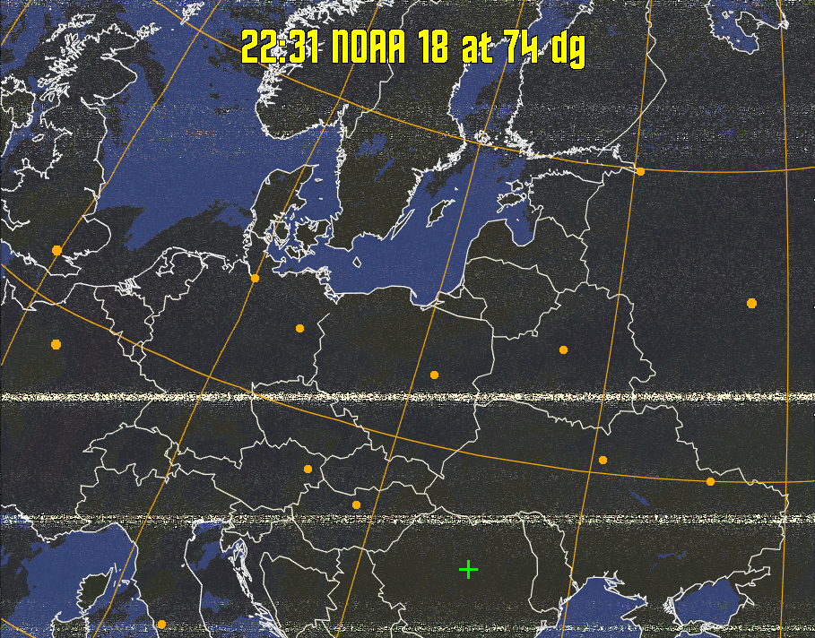 HVCT:
Similar to HVC, but with blue water and with colours more indicative of
land temperatures.
HVC:
Creates a false colour image from NOAA APT images based on temperature using
the HVC colour model. Uses the temperature derived from the sensor 4 image to
select the hue and the brightness from the histogram equalised other image to
select the value and chroma. The HVC colour model attempts to ensure that different colours at the same value will appear to the eye to be the same brightness
and the spacing between colours representing each degree will appear to the eye to
be similar. Bright areas are completely unsaturated in this model.