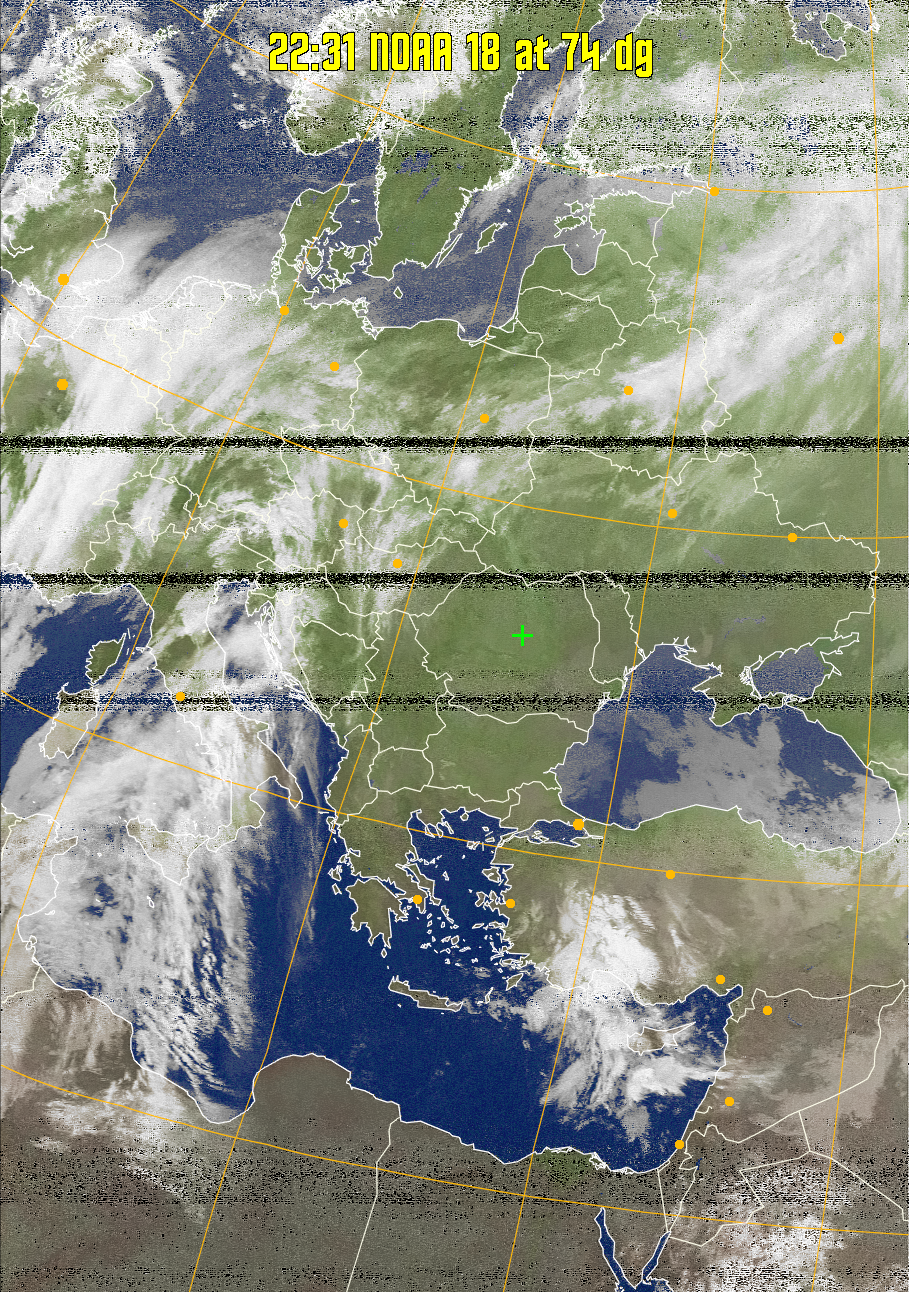 MCIR-precip: 
Colours the NOAA sensor 4 IR image using a map to colour the sea blue and land
green. High clouds appear white, lower clouds gray or land/sea coloured, clouds
generally appear lighter, but distinguishing between land/sea and low cloud may
be difficult. Darker colours indicate warmer regions.