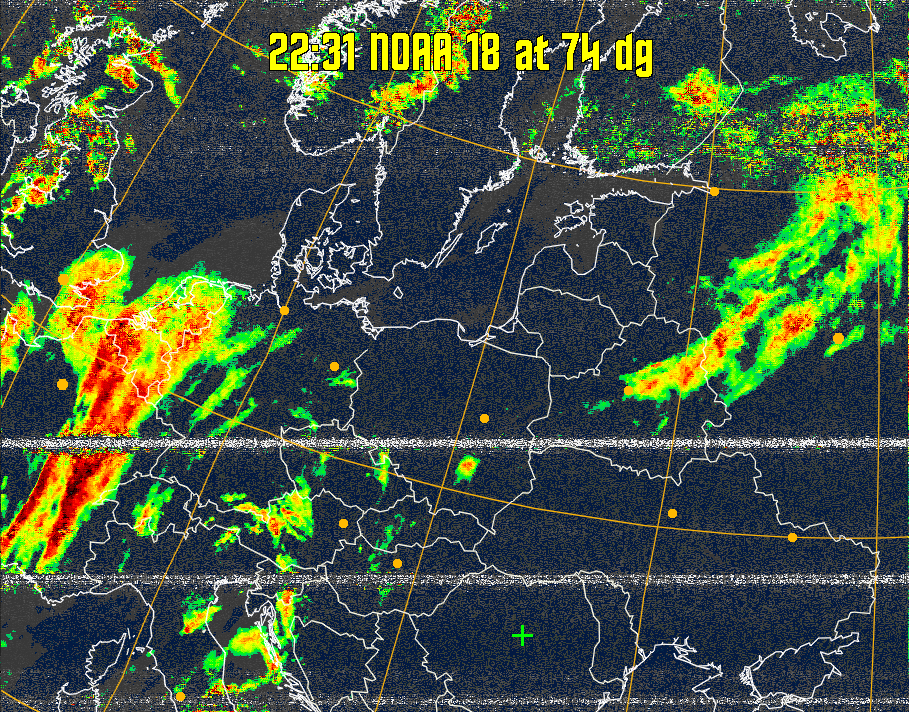 MSA-precip:
Same as MSA multispectral analysis, but high cold cloud tops are coloured the
same as the NO enhancement to give an approximate indication of the probability
and intensity of precipitation.