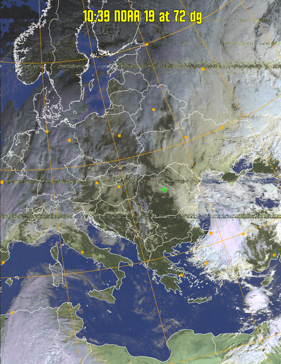 HVCT:
Similar to HVC, but with blue water and with colours more indicative of
land temperatures.
HVC:
Creates a false colour image from NOAA APT images based on temperature using
the HVC colour model. Uses the temperature derived from the sensor 4 image to
select the hue and the brightness from the histogram equalised other image to
select the value and chroma. The HVC colour model attempts to ensure that different colours at the same value will appear to the eye to be the same brightness
and the spacing between colours representing each degree will appear to the eye to
be similar. Bright areas are completely unsaturated in this model.