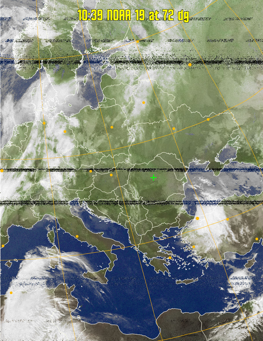 MCIR-precip: 
Colours the NOAA sensor 4 IR image using a map to colour the sea blue and land
green. High clouds appear white, lower clouds gray or land/sea coloured, clouds
generally appear lighter, but distinguishing between land/sea and low cloud may
be difficult. Darker colours indicate warmer regions.