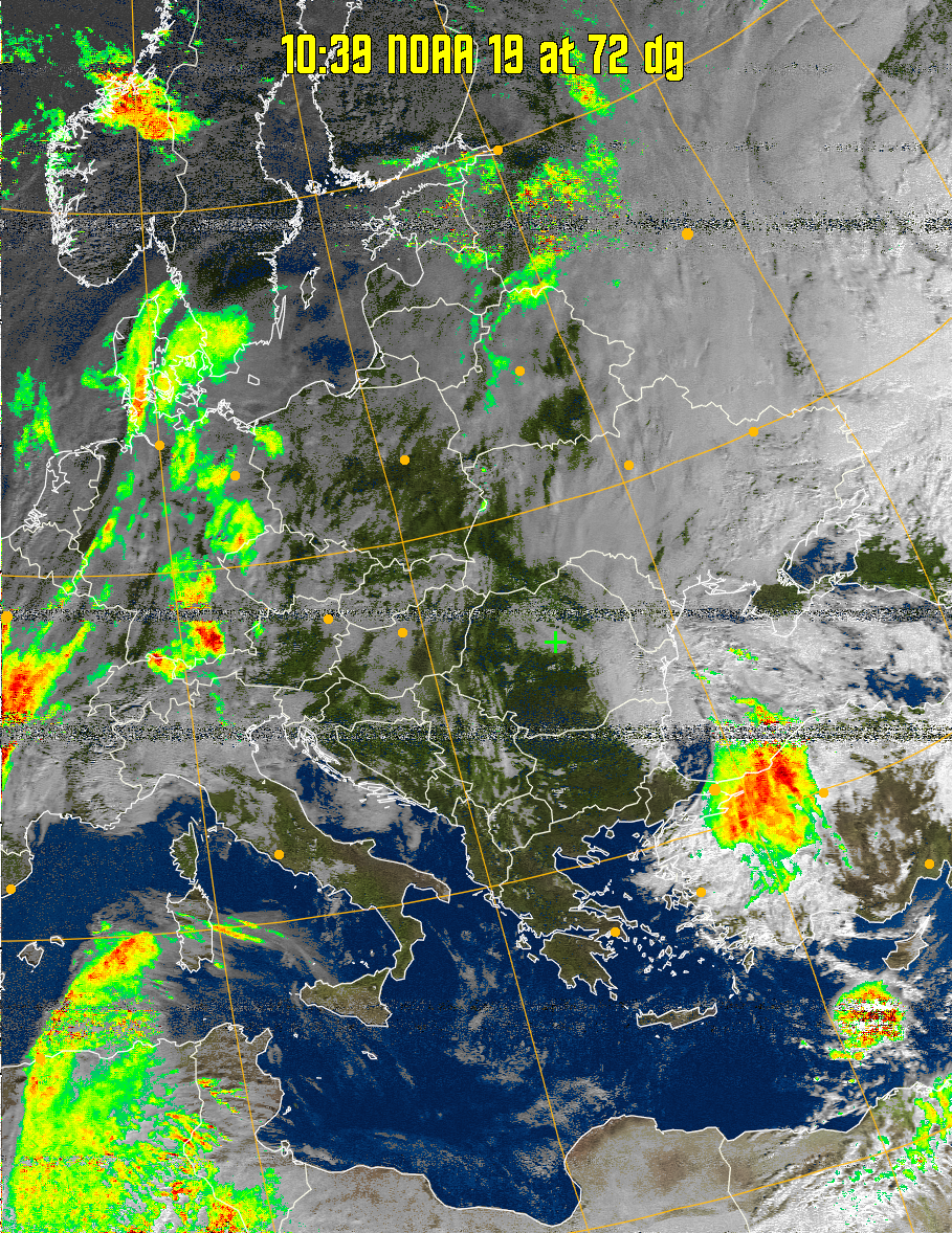 MSA-precip:
Same as MSA multispectral analysis, but high cold cloud tops are coloured the
same as the NO enhancement to give an approximate indication of the probability
and intensity of precipitation.