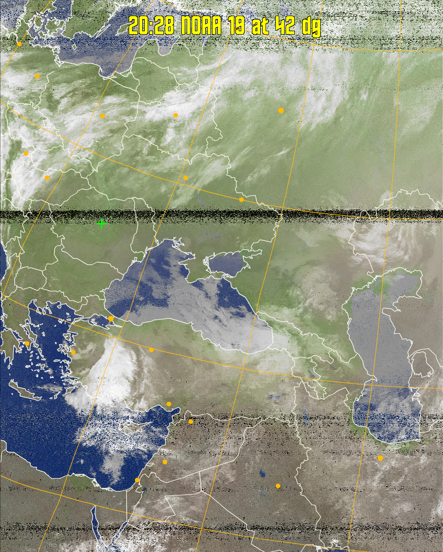 MCIR-precip: 
Colours the NOAA sensor 4 IR image using a map to colour the sea blue and land
green. High clouds appear white, lower clouds gray or land/sea coloured, clouds
generally appear lighter, but distinguishing between land/sea and low cloud may
be difficult. Darker colours indicate warmer regions.