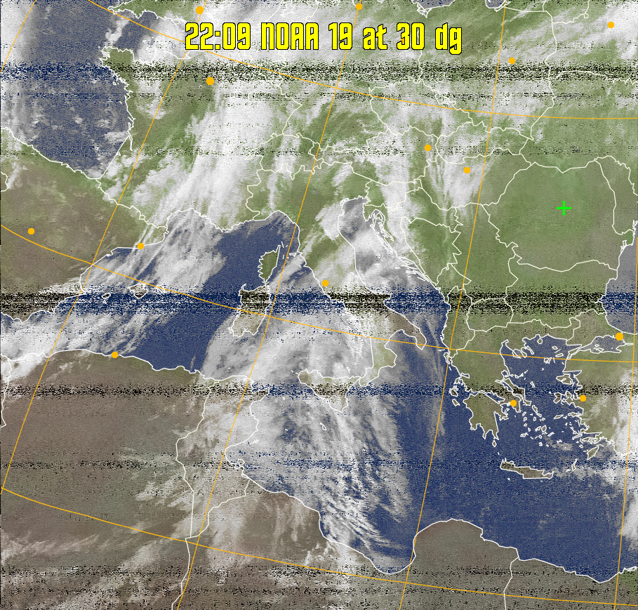 MCIR-precip: 
Colours the NOAA sensor 4 IR image using a map to colour the sea blue and land
green. High clouds appear white, lower clouds gray or land/sea coloured, clouds
generally appear lighter, but distinguishing between land/sea and low cloud may
be difficult. Darker colours indicate warmer regions.