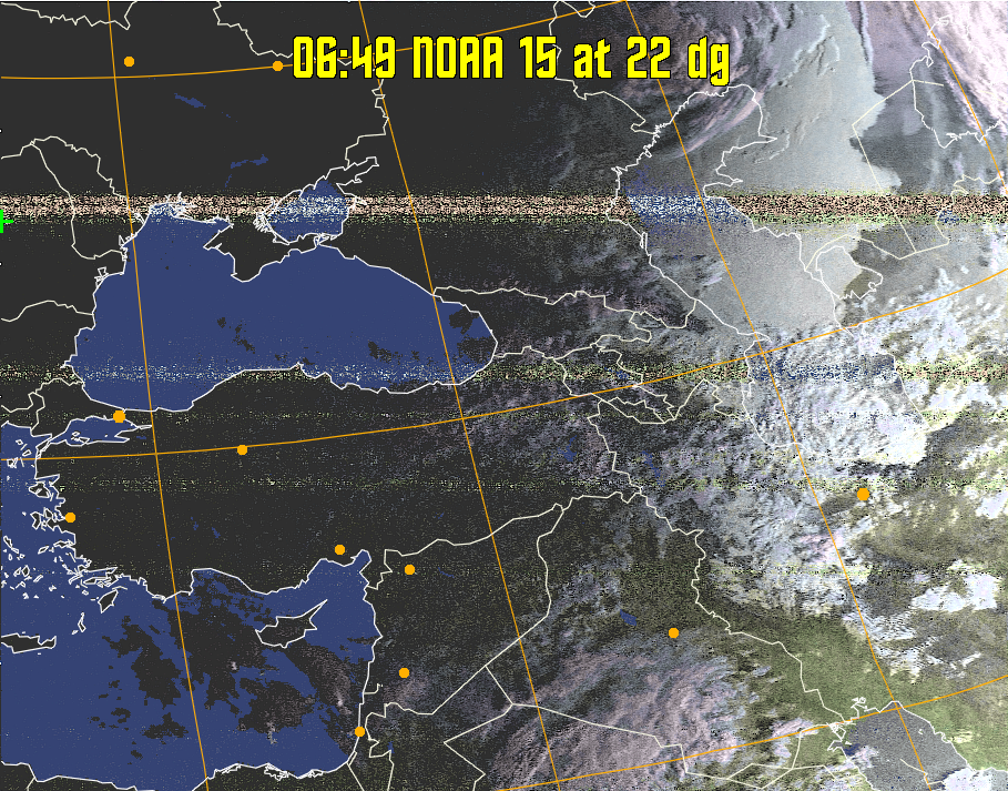 HVCT:
Similar to HVC, but with blue water and with colours more indicative of
land temperatures.
HVC:
Creates a false colour image from NOAA APT images based on temperature using
the HVC colour model. Uses the temperature derived from the sensor 4 image to
select the hue and the brightness from the histogram equalised other image to
select the value and chroma. The HVC colour model attempts to ensure that different colours at the same value will appear to the eye to be the same brightness
and the spacing between colours representing each degree will appear to the eye to
be similar. Bright areas are completely unsaturated in this model.