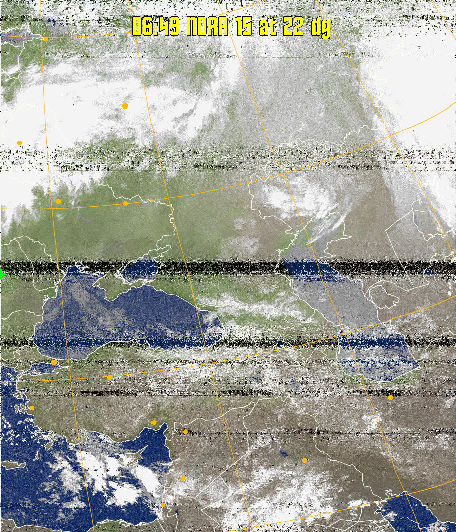 MCIR-precip: 
Colours the NOAA sensor 4 IR image using a map to colour the sea blue and land
green. High clouds appear white, lower clouds gray or land/sea coloured, clouds
generally appear lighter, but distinguishing between land/sea and low cloud may
be difficult. Darker colours indicate warmer regions.