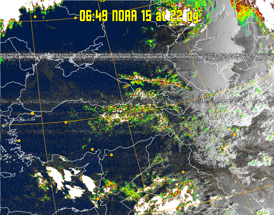 MSA-precip:
Same as MSA multispectral analysis, but high cold cloud tops are coloured the
same as the NO enhancement to give an approximate indication of the probability
and intensity of precipitation.