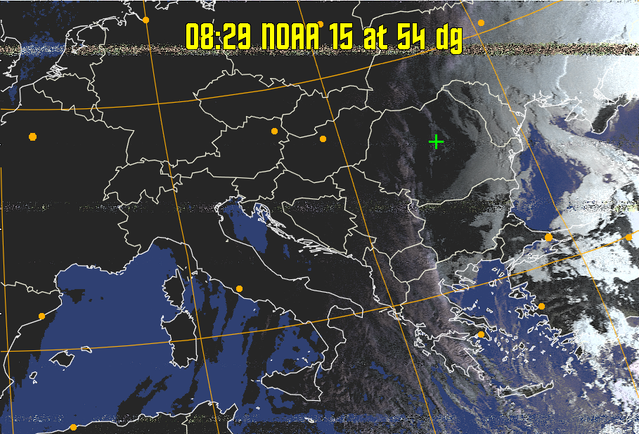 HVCT:
Similar to HVC, but with blue water and with colours more indicative of
land temperatures.
HVC:
Creates a false colour image from NOAA APT images based on temperature using
the HVC colour model. Uses the temperature derived from the sensor 4 image to
select the hue and the brightness from the histogram equalised other image to
select the value and chroma. The HVC colour model attempts to ensure that different colours at the same value will appear to the eye to be the same brightness
and the spacing between colours representing each degree will appear to the eye to
be similar. Bright areas are completely unsaturated in this model.