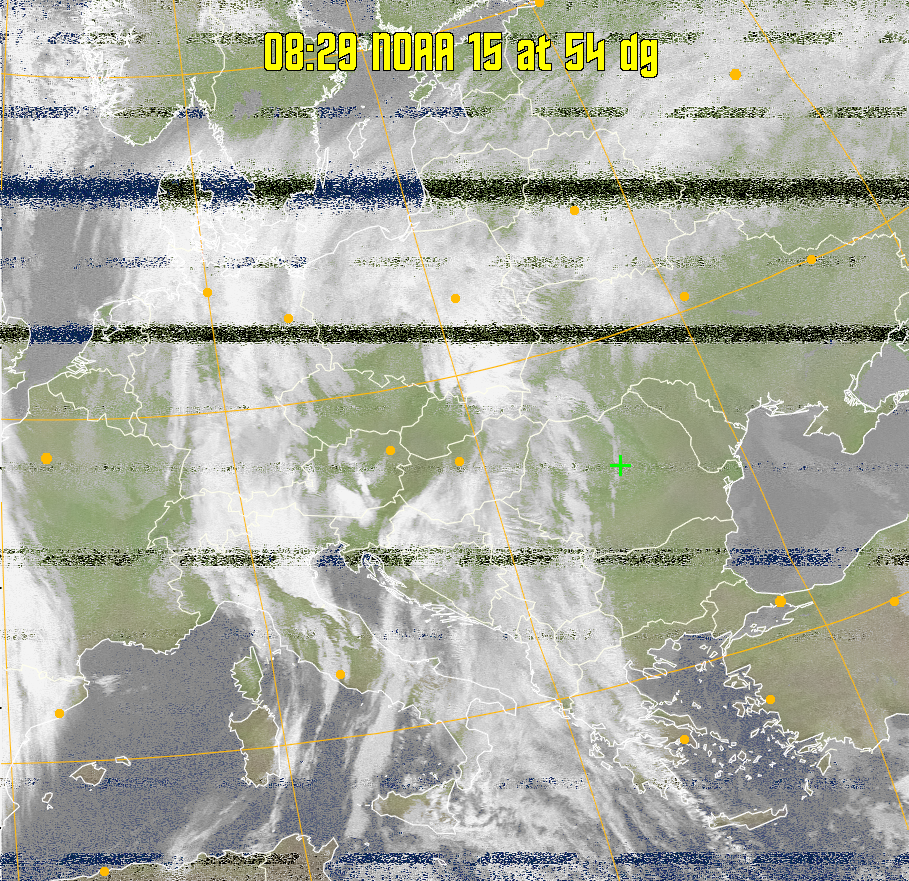 MCIR-precip: 
Colours the NOAA sensor 4 IR image using a map to colour the sea blue and land
green. High clouds appear white, lower clouds gray or land/sea coloured, clouds
generally appear lighter, but distinguishing between land/sea and low cloud may
be difficult. Darker colours indicate warmer regions.