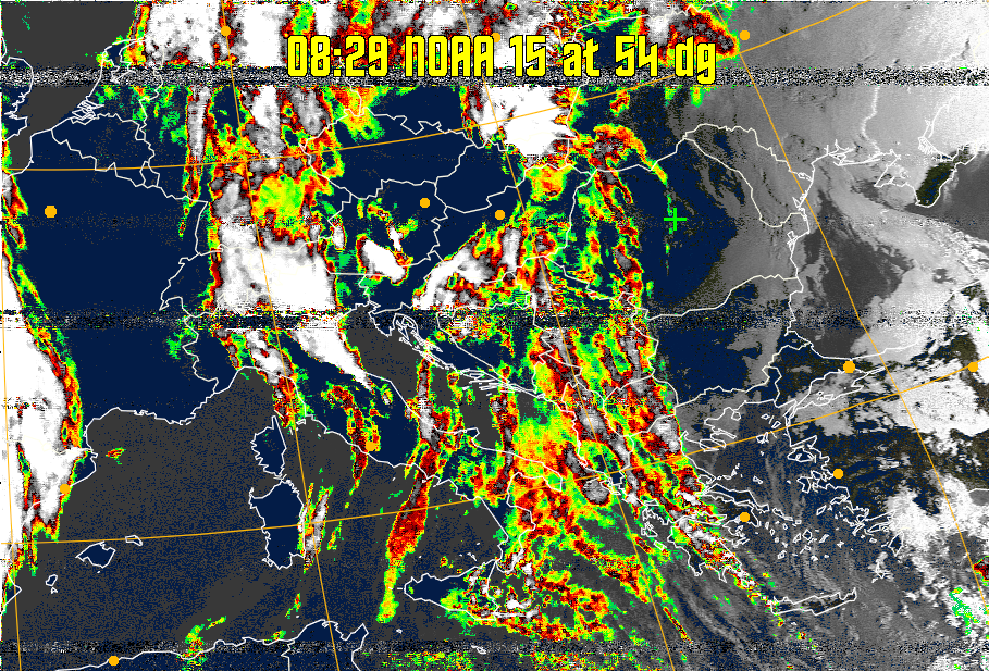 MSA-precip:
Same as MSA multispectral analysis, but high cold cloud tops are coloured the
same as the NO enhancement to give an approximate indication of the probability
and intensity of precipitation.