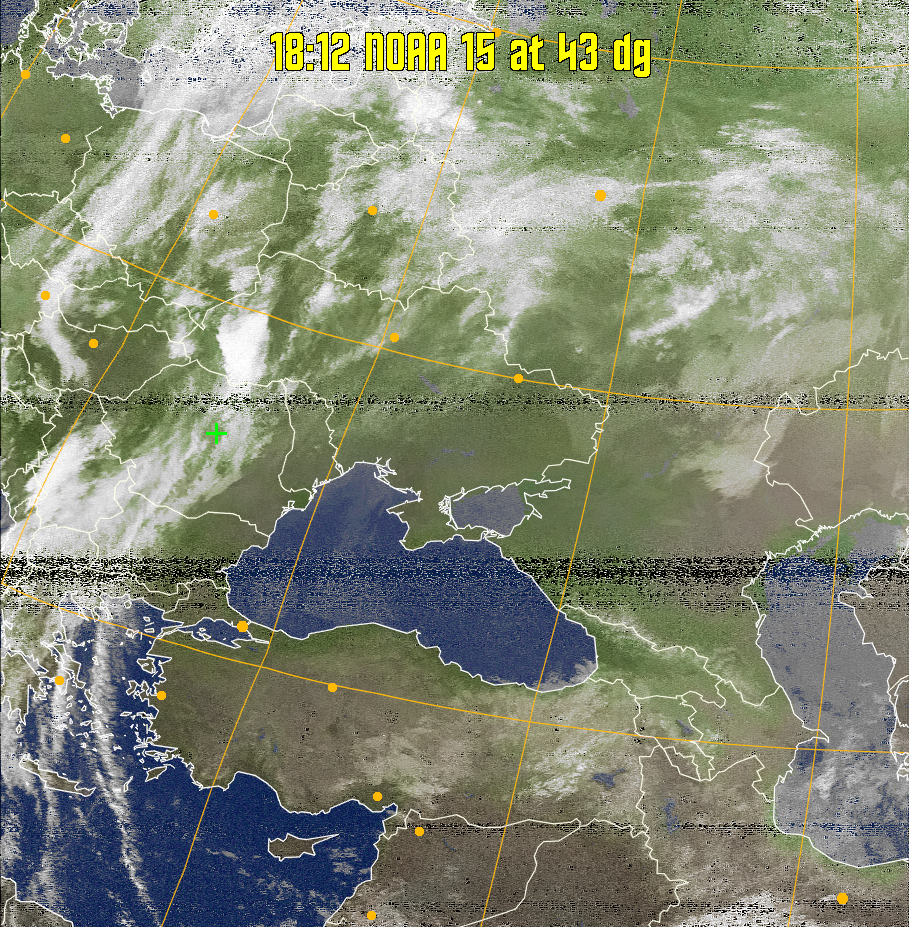 MCIR-precip: 
Colours the NOAA sensor 4 IR image using a map to colour the sea blue and land
green. High clouds appear white, lower clouds gray or land/sea coloured, clouds
generally appear lighter, but distinguishing between land/sea and low cloud may
be difficult. Darker colours indicate warmer regions.