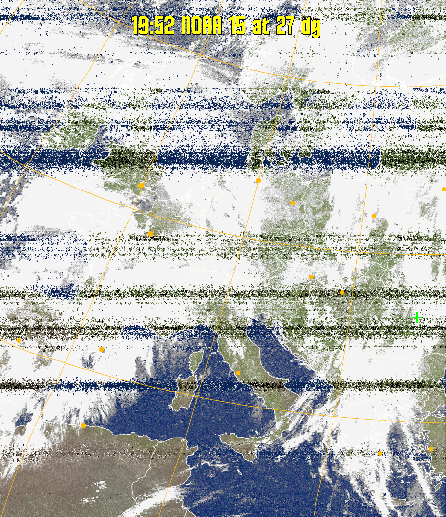 MCIR-precip: 
Colours the NOAA sensor 4 IR image using a map to colour the sea blue and land
green. High clouds appear white, lower clouds gray or land/sea coloured, clouds
generally appear lighter, but distinguishing between land/sea and low cloud may
be difficult. Darker colours indicate warmer regions.