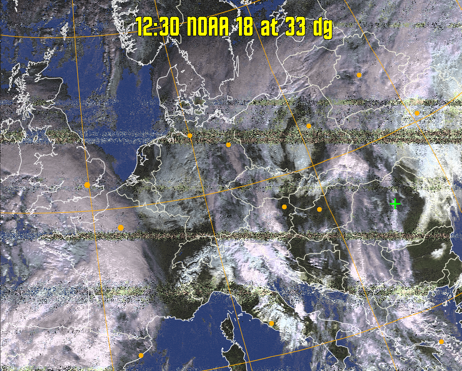 HVCT:
Similar to HVC, but with blue water and with colours more indicative of
land temperatures.
HVC:
Creates a false colour image from NOAA APT images based on temperature using
the HVC colour model. Uses the temperature derived from the sensor 4 image to
select the hue and the brightness from the histogram equalised other image to
select the value and chroma. The HVC colour model attempts to ensure that different colours at the same value will appear to the eye to be the same brightness
and the spacing between colours representing each degree will appear to the eye to
be similar. Bright areas are completely unsaturated in this model.