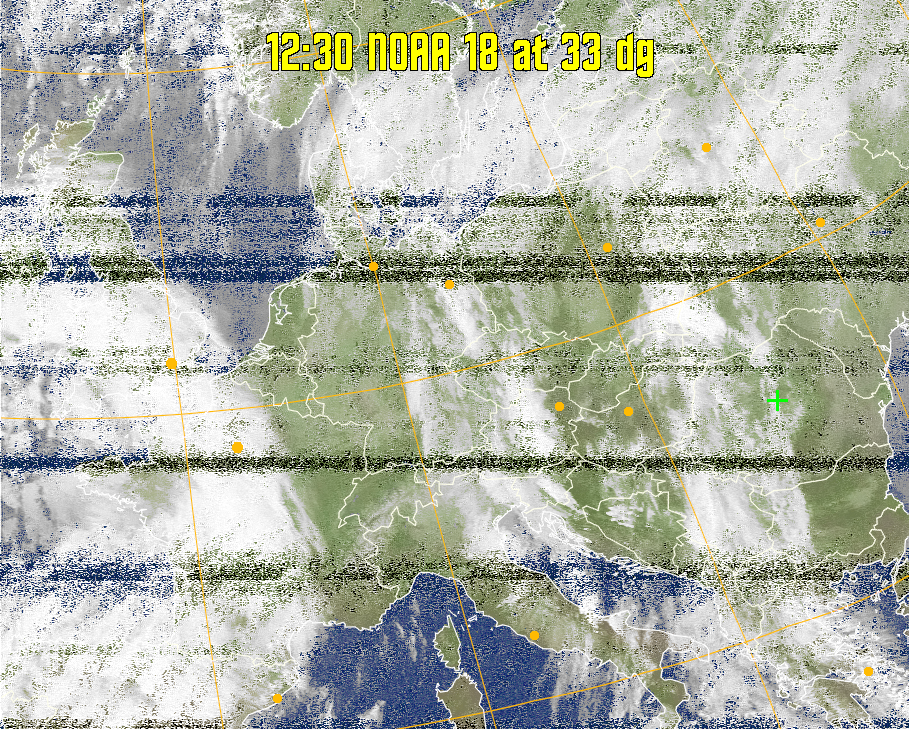 MCIR-precip: 
Colours the NOAA sensor 4 IR image using a map to colour the sea blue and land
green. High clouds appear white, lower clouds gray or land/sea coloured, clouds
generally appear lighter, but distinguishing between land/sea and low cloud may
be difficult. Darker colours indicate warmer regions.