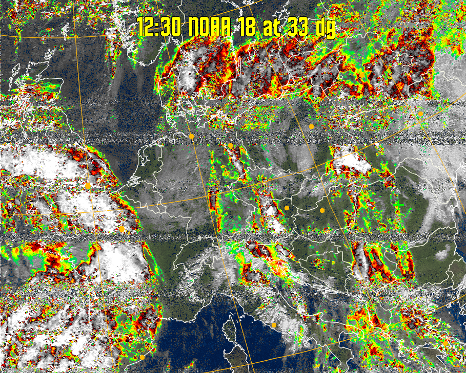 MSA-precip:
Same as MSA multispectral analysis, but high cold cloud tops are coloured the
same as the NO enhancement to give an approximate indication of the probability
and intensity of precipitation.