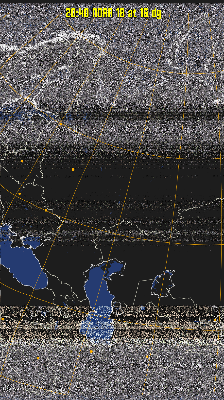 HVCT:
Similar to HVC, but with blue water and with colours more indicative of
land temperatures.
HVC:
Creates a false colour image from NOAA APT images based on temperature using
the HVC colour model. Uses the temperature derived from the sensor 4 image to
select the hue and the brightness from the histogram equalised other image to
select the value and chroma. The HVC colour model attempts to ensure that different colours at the same value will appear to the eye to be the same brightness
and the spacing between colours representing each degree will appear to the eye to
be similar. Bright areas are completely unsaturated in this model.