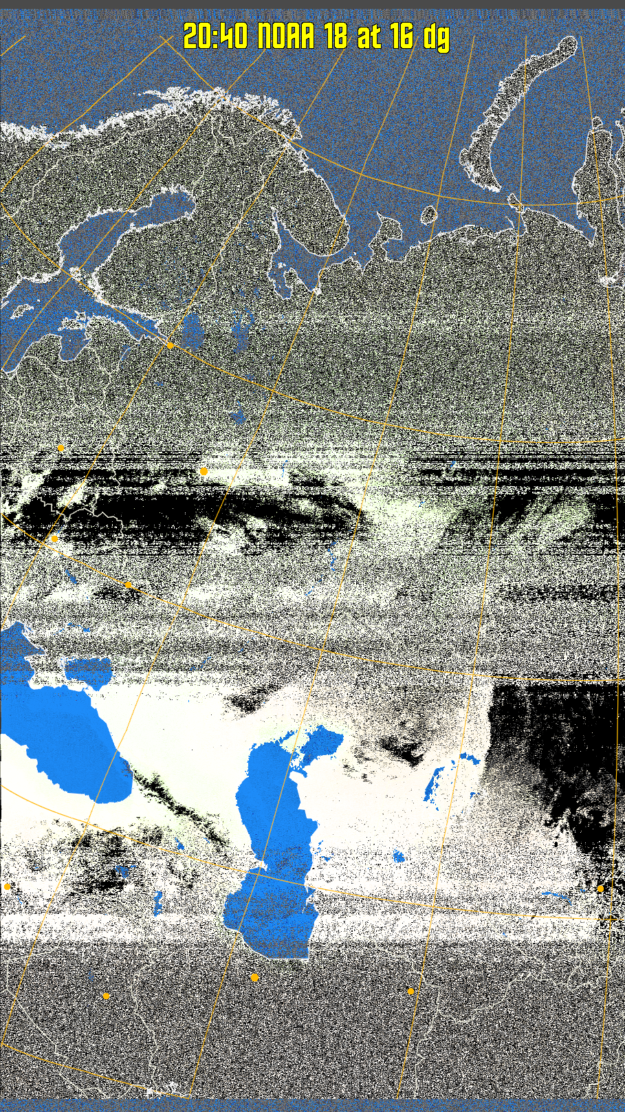 MCIR-precip: 
Colours the NOAA sensor 4 IR image using a map to colour the sea blue and land
green. High clouds appear white, lower clouds gray or land/sea coloured, clouds
generally appear lighter, but distinguishing between land/sea and low cloud may
be difficult. Darker colours indicate warmer regions.